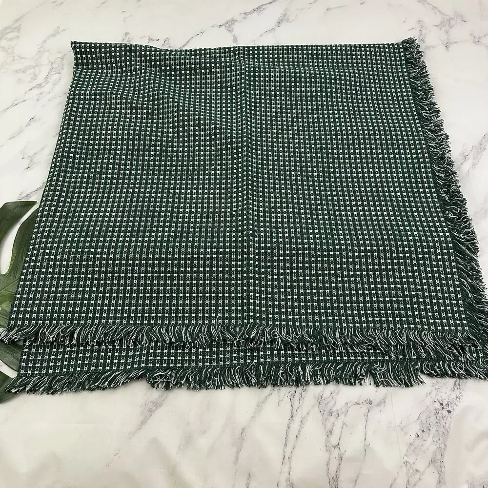 Vintage 90s Waffle Knit Woven Tablecloth Dark Green White Check Squares 120x70